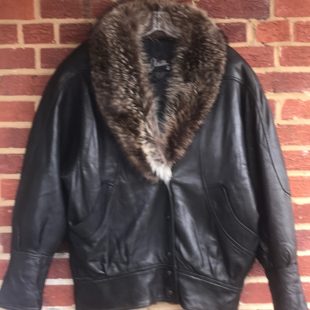 J Walden Raccoon Collar leather 80s coat